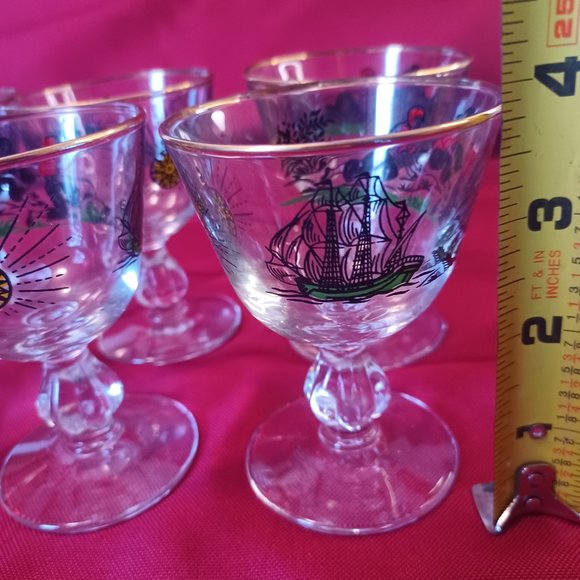 Midcentury Vintage Set of 6 Libbey Treasure Island Motif Pedestal Glasses - Picture 8 of 12